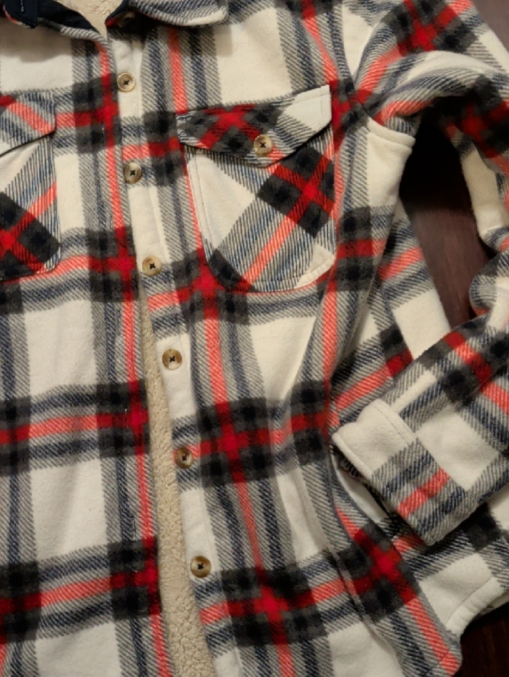 SAGE Cream Black Red Plaid Sherpa-Lined Shirt Jacket - Picture 4 of 8